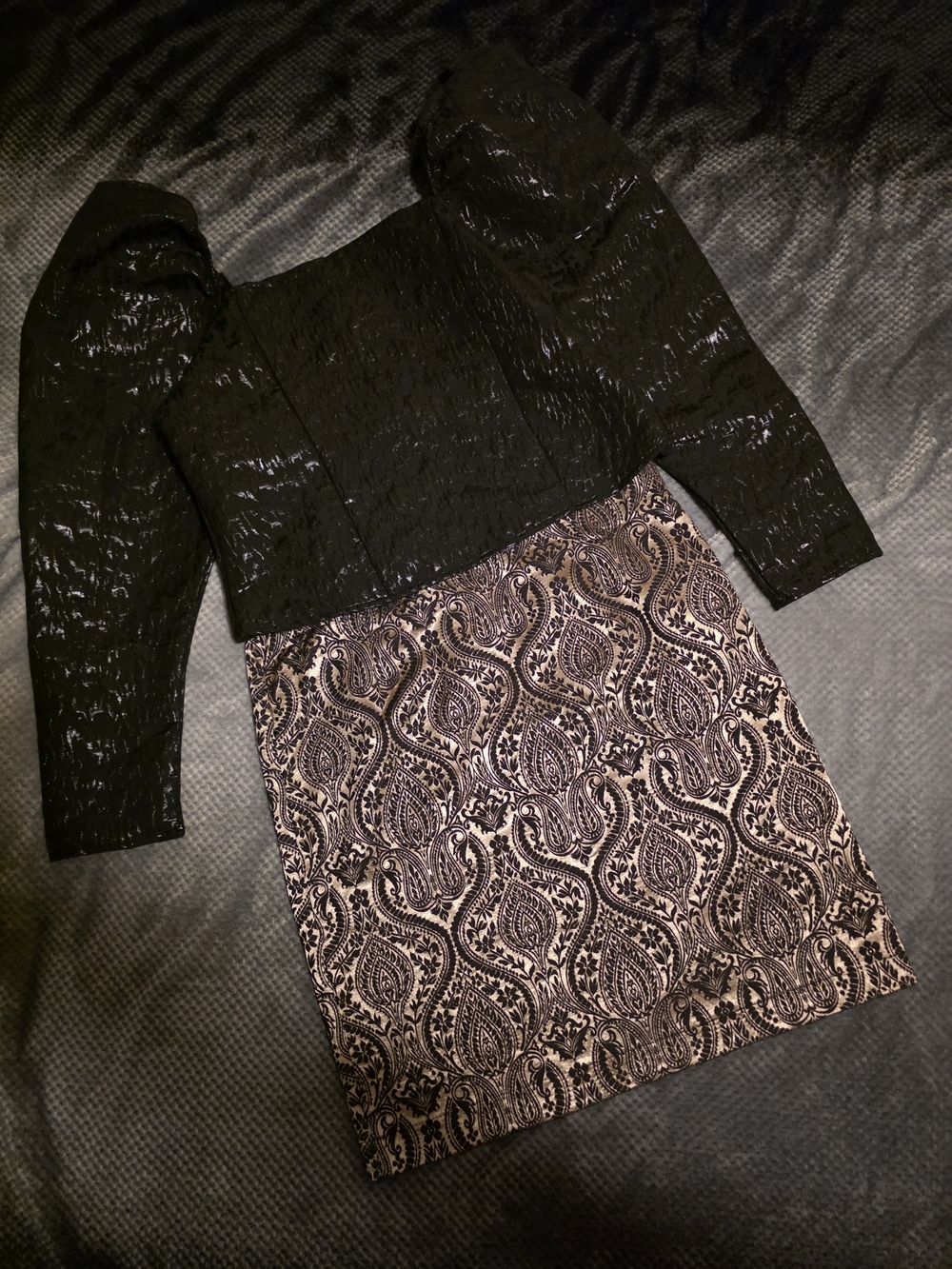 Black Top Paired with Cream and Black Paisley Pencil Skirt